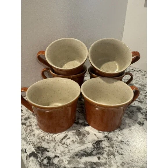 Vintage Set of 6 Imperial Japanese Stoneware Mugs Imperial MCM Orange Glaze - Picture 1 of 7